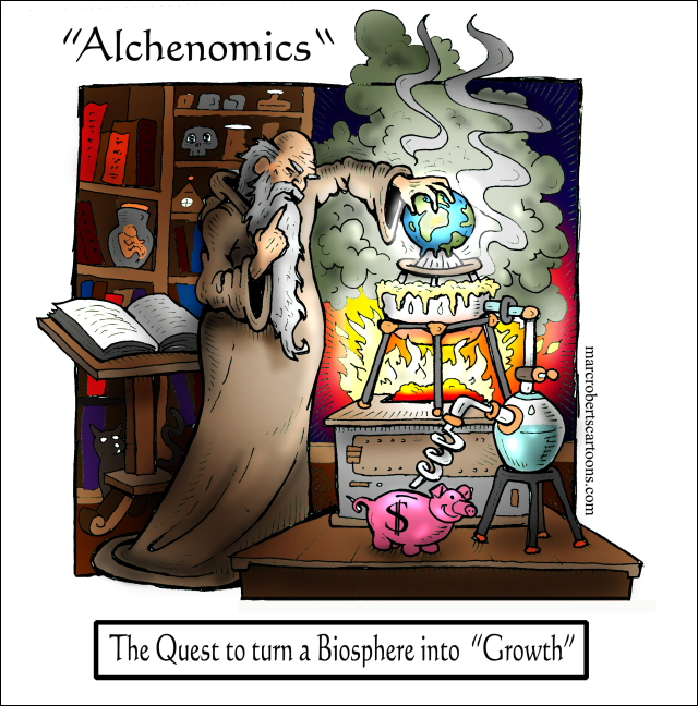 marc robret cartoon comparing modern finance and alchemy